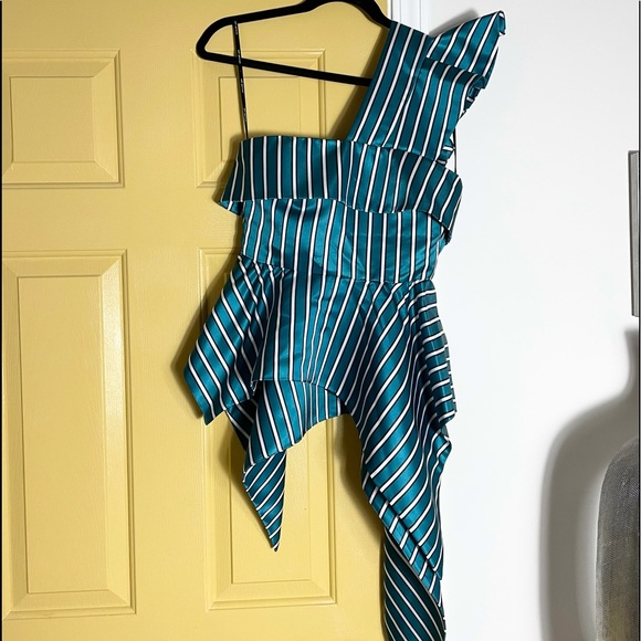 Self Portrait Women's Green & White Striped Asymmetrical Dress Size 4 - Picture 9 of 12